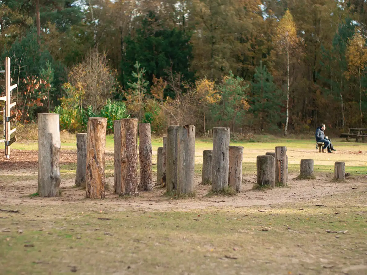 Speelaanleiding met boomstammen in oplopende hoogtes voor balans, klimmen en durven