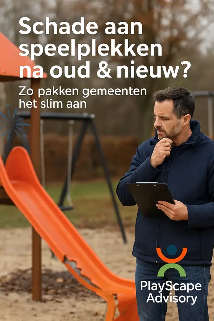 gemeentelijke inspecteur kijkt naar schade aan speeltoestel na oud&nieuw